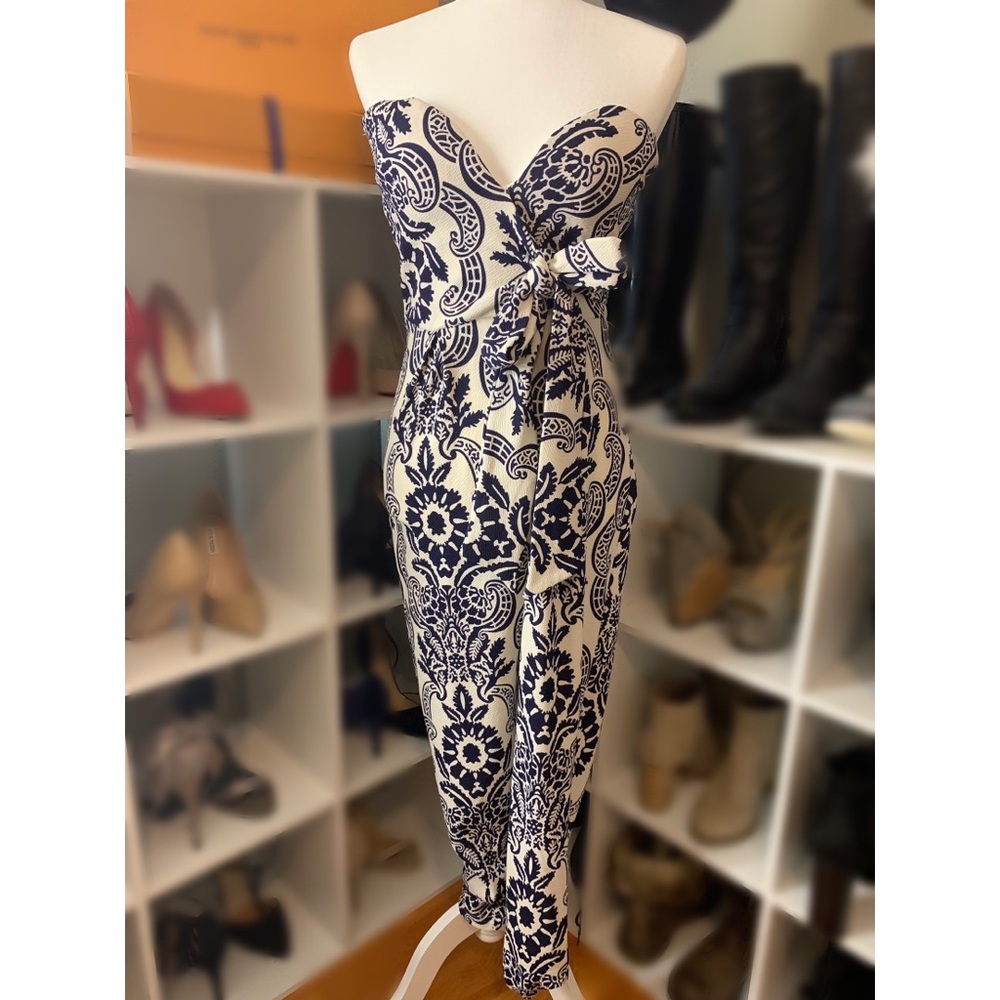 Blue and white strapless jumpsuit
